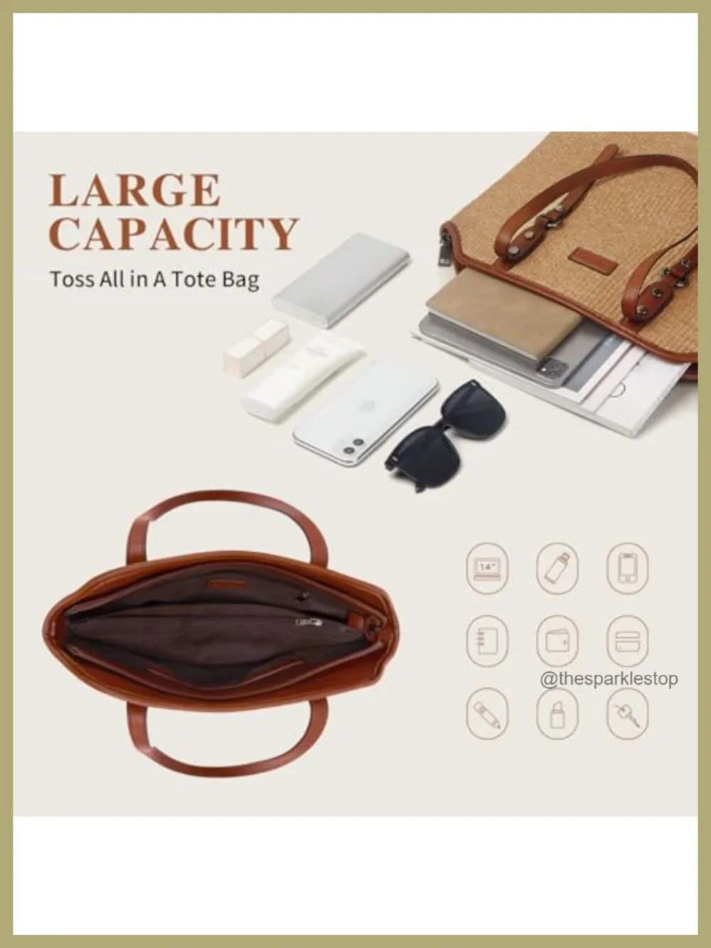 Large Capacity Straw & Vegan Leather Tote Bag for Women Shoulder Travel Work